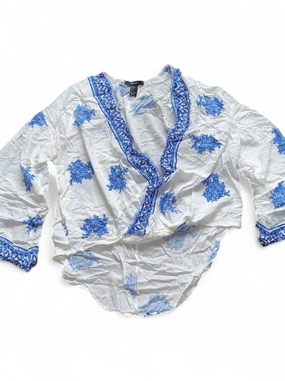 Forever 21 Bohemian White & Blue Floral Surplice Top